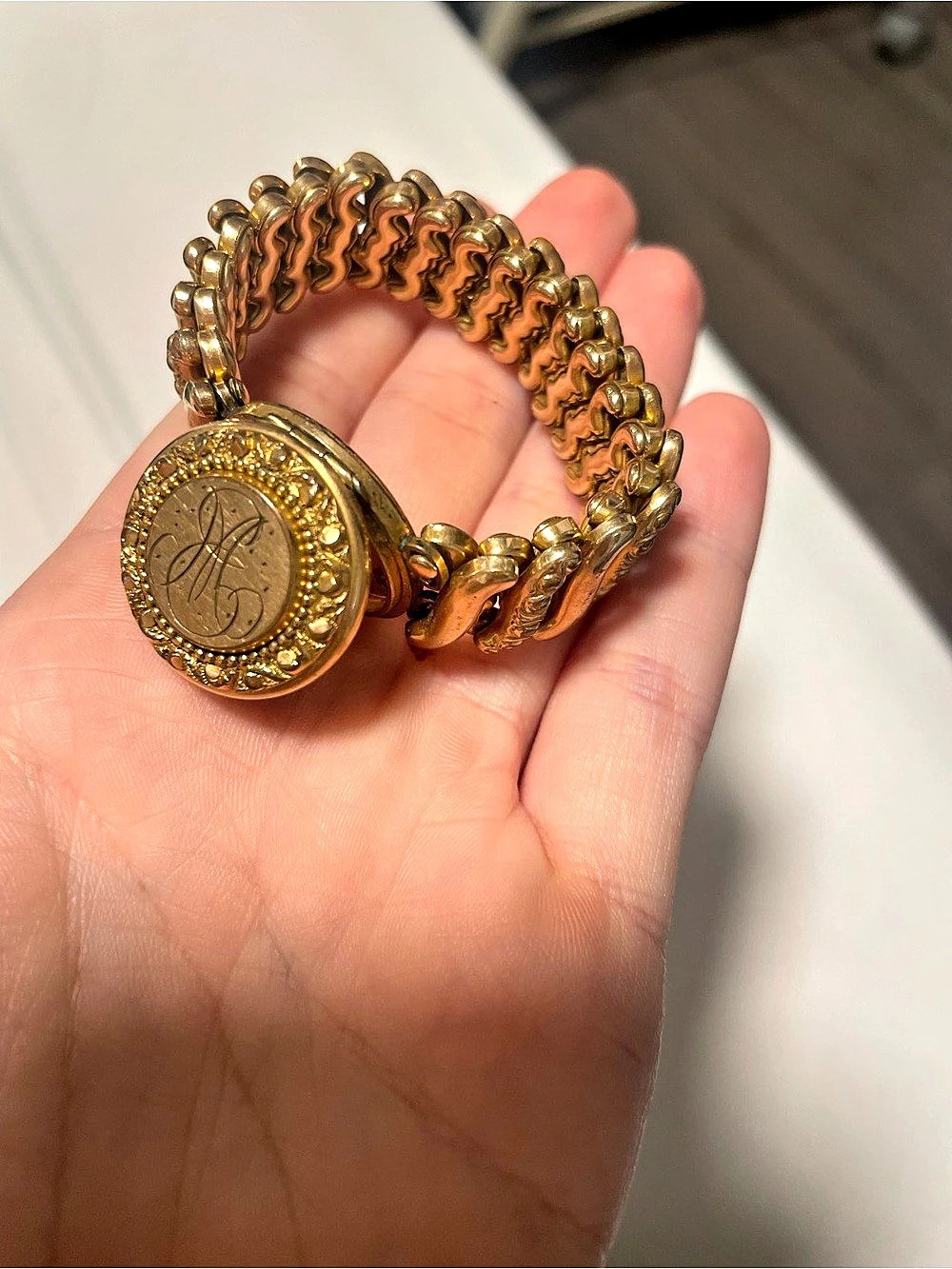Gold Filled Antique Carmen Expansion Monogram Locket Bracelet